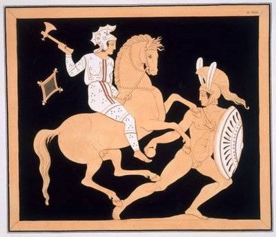 Greek warrior in combat with a mounted Amazon, published 1808-10 by French School