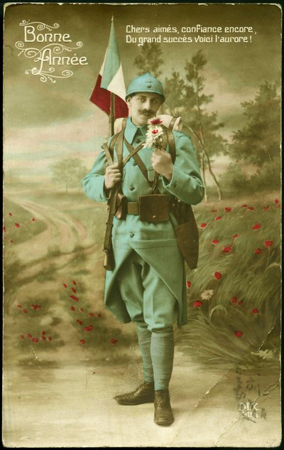 Greeting postcard for the year 1916. A soldier carrying the French flag with a gun and humbling the fragrance of a bouquet of flowers in a country landscape. Colour postcard for the wishes of the year 1916 by French School