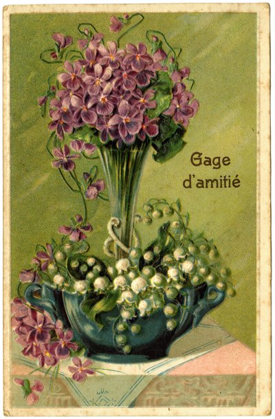 Greetings with Bouquet of Flowers and Sprigs of Lily of the Valley by French School