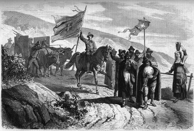 Group of "Pifferari" (beggars and walking musicians from Italy) leaving the province of Abbruzzo to Naples on the occasion of Holy Week. Engraving in "Le Monde Illustré" n°364 of April 2 by French School