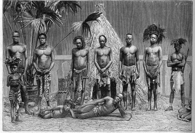 Group of men of the Angolan troupe exhibited in Paris during the World Exposition of 1889 (Human Zoo) by French School