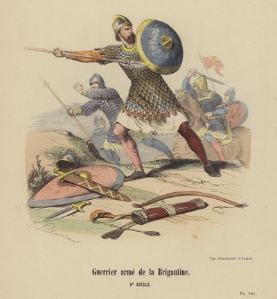 Warrior Armed with Brigantine, 10th Century (coloured engraving) by French School