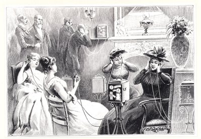 Guests in a Paris hotel listening to direct relays for opera or theatre performances on Marinovitch