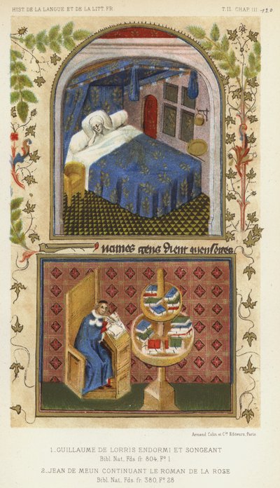 Guillaume de Lorris Asleep and Dreaming, Jean de Meun Continuing the Romance of the Rose by French School