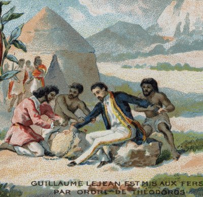 Guillaume Lejean, a French explorer, was put in shackles by order of Emperor Theodoros of Abyssinia. Chromolithography of the 19th century by French School