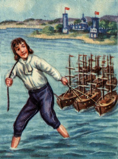 Gulliver fires enemy ships towards Lilliput Harbour. Illustration for the story 