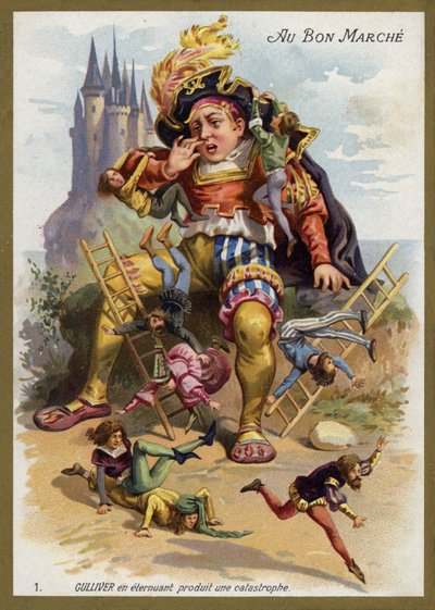 Gulliver sneezes and causes a catastrophe by French School
