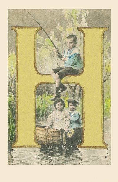 A boy holding a fishing rod, two children in a boat by French School