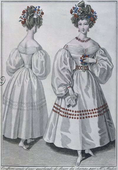 Hairstyle with a garland of wild flowers, Paris, 1829 by French School