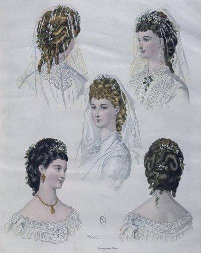 Hairstyles, illustration from La Mode illustree, 1872 by French School
