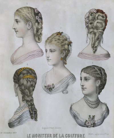 Hairstyles, illustration from Le Moniteur de la Coiffure, 10th December 1879 by French School