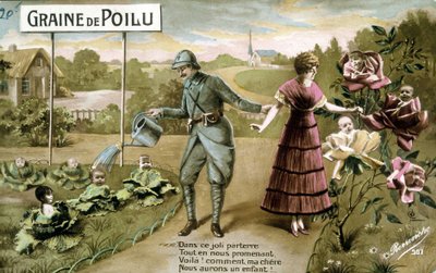Hairy Seed: In This Lovely Floor While We Walk, Here You Go! How My Dear We Will Have a Child - Postcard on Birth, c. 1914 by French School