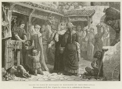 Halles of Paris and Merchant Shops in the Thirteenth Century (engraving) by French School