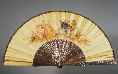 Hand fan depicting Reverence, watercolour on silk and mother of pearl created by Felix Alexandre, Paris by French School