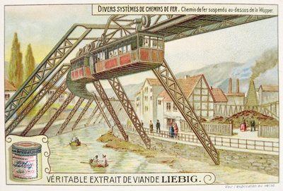 Hanging train on the Wupper river, promotional advertising card for Veritable Extrait de Viande Liebig by French School