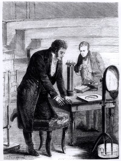 Hans Christian Oersted discovering the deviation of the magnetic needle by closed current in 1820, from Les Merveilles de la Science by Louis Figuier, 1867 by French School