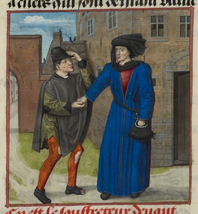 Detail of a miniature of a sufferer being given money by his true friend, from Roman de la Rose, c.1490-1500 by French School