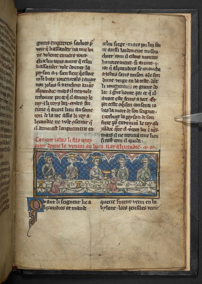 Harley 4979, f.78 Alexander receiving poison from Jobas during a feast, from 