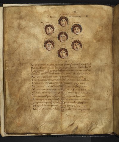 Illustration of the faces of the Pleiades, seven sisters who lived in the heavens as stars, with their names inscribed around them, from 
