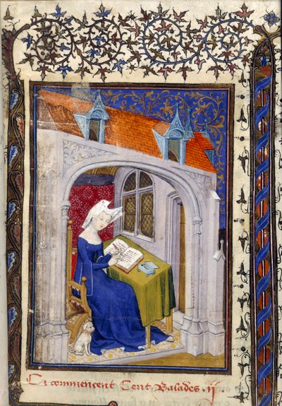 (detail) of a miniature of Christine de Pizan in her study at the beginning of the 