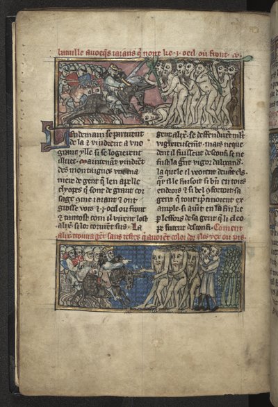 Alexander combating Cyclopes; Alexander combating a group of blemmyes, from 
