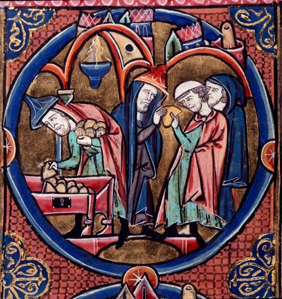 Menelaus delivers the tribute money to Antiochus, King of Syria, and secures the High Priesthood for himself with the bribe, late 13th century by French School