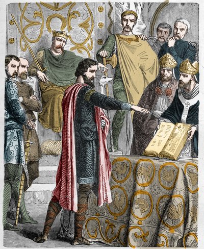 Harold II (1020-1066) last Anglo-Saxon King crowned in 1064, sworn on the sacred relics before William I the Conqueror to support his cause in the throne of England at the death of Edward the Confessor by French School