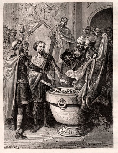 Harold II (1020-1066) last Anglo Saxon King crown in 1064, sworn in on sacred relics before William I the Conqueror to support his cause at the throne of England at the death of Edward the Confessor, around 1064 by French School