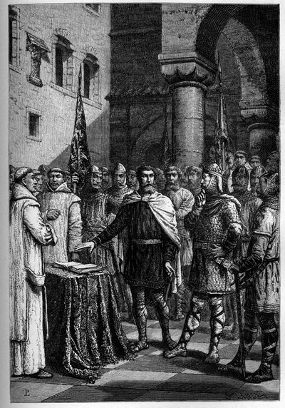 Harold, king of the English, swears fealty to Guillaume, Duke of Normandy (William I) - Harold II (1020-1066) last Anglo-Saxon king crowned in 1064, taking oath on the sacred relics before William I the Conqueror to support his cause at the throne of Engla by French School