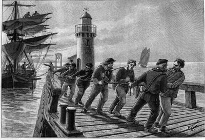 Haulers towing a boat, late 19th century. Engraving in 
