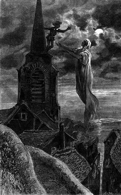 He appeared on the bell tower of the church. Engraving illustrating the novel Fire and Flame by Zenaide Fleuriot. In Le Journal de la jeunesse by French School
