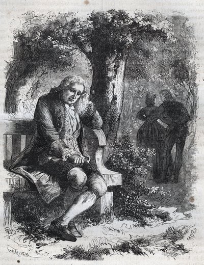 He Heard the Whisper of a Kiss. The Swiss Philosopher Jean-Jacques Rousseau (1712-1778) Surprises His Companion Marie-Therese Le Vasseur (1721-1801) in Full Adultery. Engraving from 1871 in 