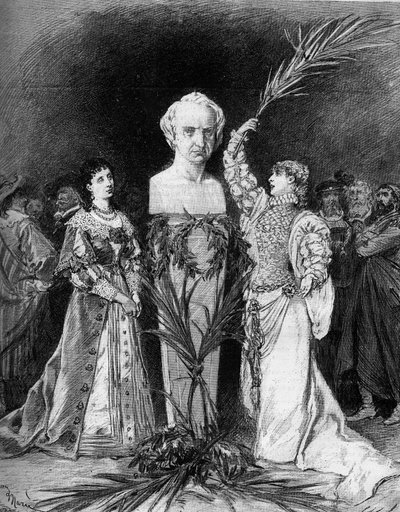 Henriette Rosine Bernard called Sarah Bernhardt (1844-1923) reciting The Battle of Hernani by Francois Coppee, in front of the bust of Victor Hugo (1802-1885) on the occasion of the fiftieth anniversary of the play Hernani. Paris, Comedie Francaise by French School