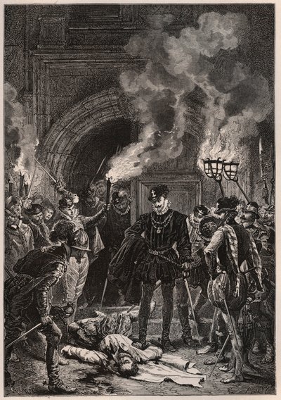 Henry 1st of Lorraine, Duke of Guise contemplating the corpse of Gaspard II of Coligny at the dawn of Saint-Barthelemy, 24 August 1572 by French School