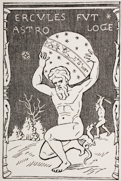 Hercules holding the world on his back while Atlas collects the apples of Hesperides, from 