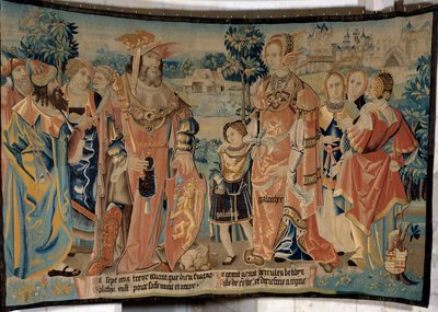 Hercules of Libya with his wife Galathee and his son Galathes surrounded by their courtiers in front of the city of Alexia in 1713 BC by French School