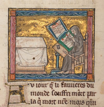 Hermit writing at a desk, miniature from 