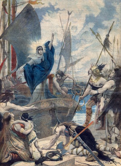 Heroines of France: St Genevieve (423-512). Sainte Genevieve saving the city of Paris. Illustration for Le Petit Journal by French School