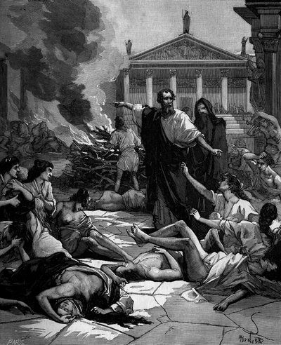 Hippocrates (in Greek Hippokrates) Greek doctor (460 to 380 BC) arrives at Athens to decimate the plague by lighting large fires by French School