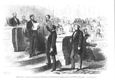 Hiram Revels, the first black Senator of the State of Mississippi being sworn into the Washington Congress by French School