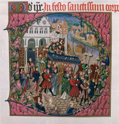Historiated initial D depicting a religious procession in the Place de Greve, Paris in 15th century by French School