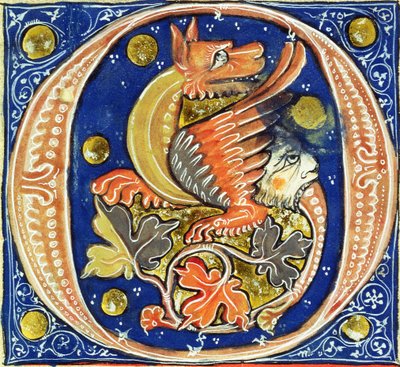 Historiated initial O depicting a winged griffin by French School