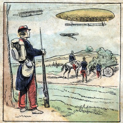 History of Aluminium. Construction of aeroplane parts and airplane balloons made of aluminium whose light weight allows easier flight. Epinal imaging, late 19th century. Private collection. by French School