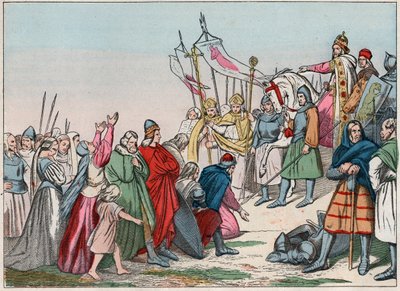History of Gaul in the Middle Ages: Germanic Saxons kneeling before King Charlemagne (742 - 814), winner of the wars. Engraving from the end of the 19th century in 