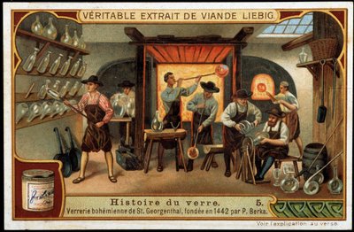 History of Glass: Bohemian Glassworks of Saint Georgenthal Founded in 1442 by P. Berka, Late 19th Century Liebig Chromolithography by French School