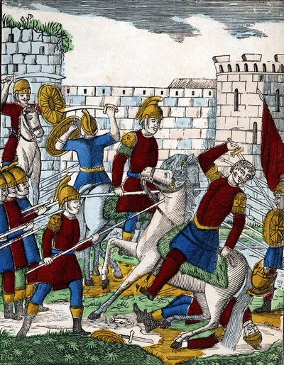 History of the four sons Aymon; The traitor Ganelon, ambushed in the valley of Soissons, kills the Duke of Beauves d