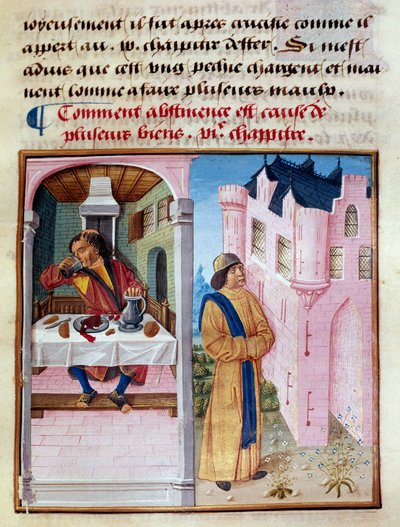 How abstinence is the cause of many goods: on the left a man couple of greediness and drinking with excess and on the right a sober man nourishing virtue and mastering the flesh. Miniature from Le livre de bonnes moeurs de Jacques Legrand by French School