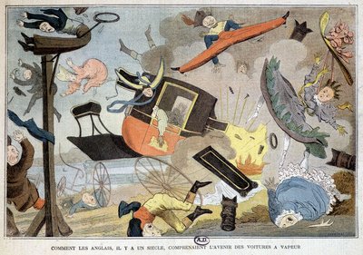How the English, a century ago, understood the future of steam cars: cartoon about the explosion engine - England by French School