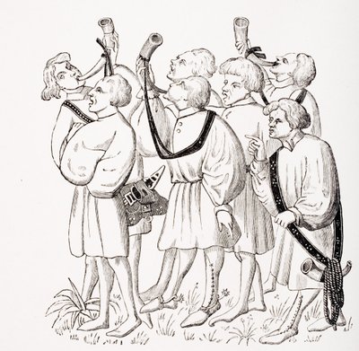 How to Shout and Blow Horns, after a miniature in the 15th century Manuscript of Phoebus, from 