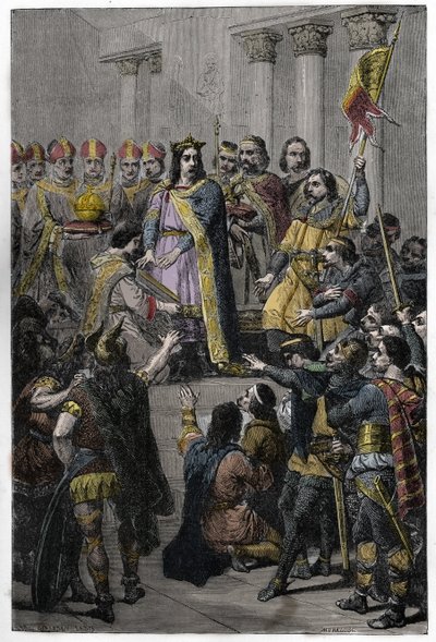 Hugh Capet elected King - Coronation of Hugh Capet, King of France, July 3, 987 at Noyon, by Adalberon, Archbishop of Reims by French School